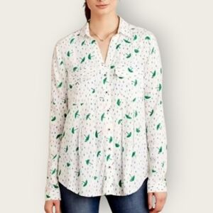 Maeve Anthropologie Button Down Umbrella Rain Drop White/Green Printed Blouse